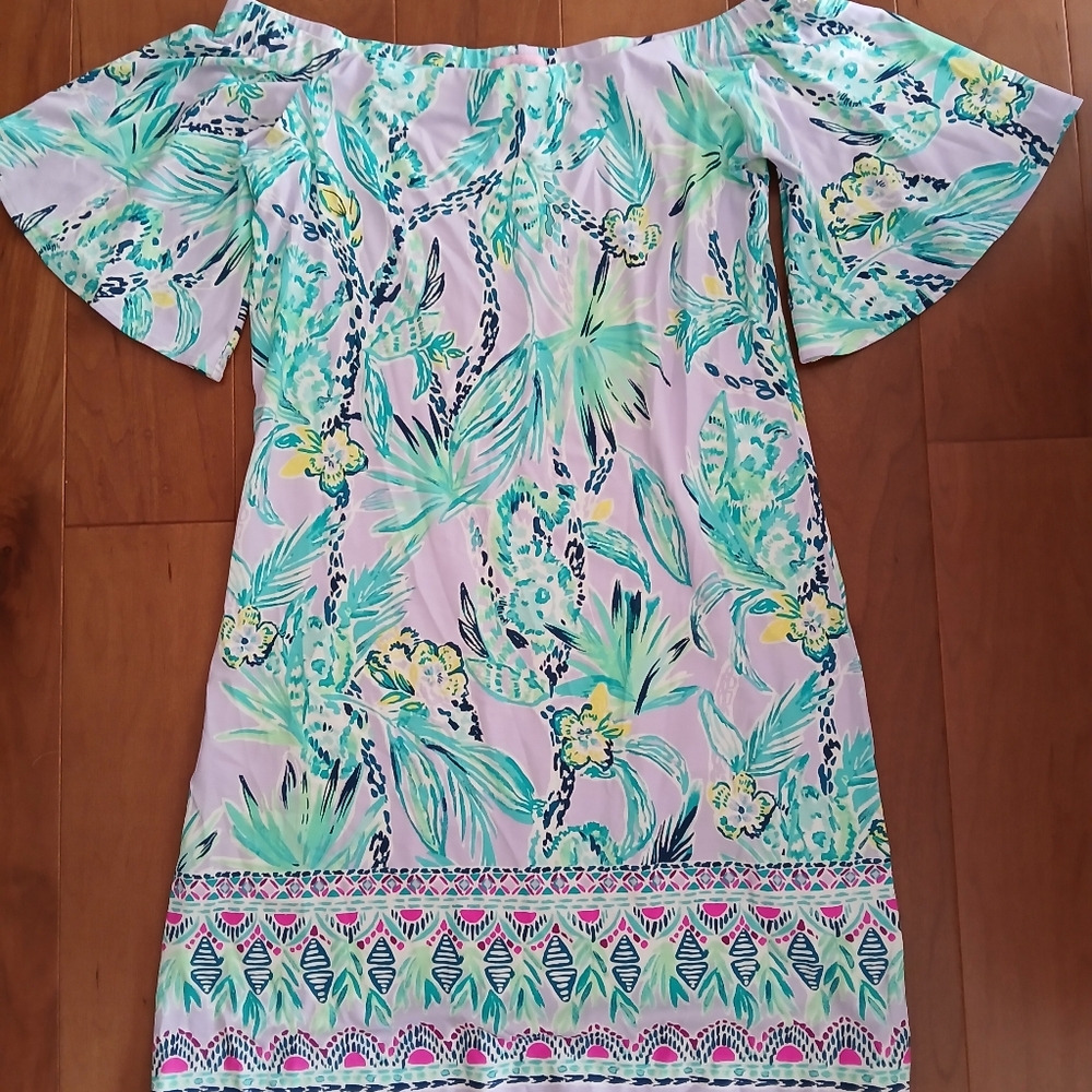 Lilly Pulitzer Fawcet Dress Medium Lilac Verbena Off Shoulder Floral Boho Print